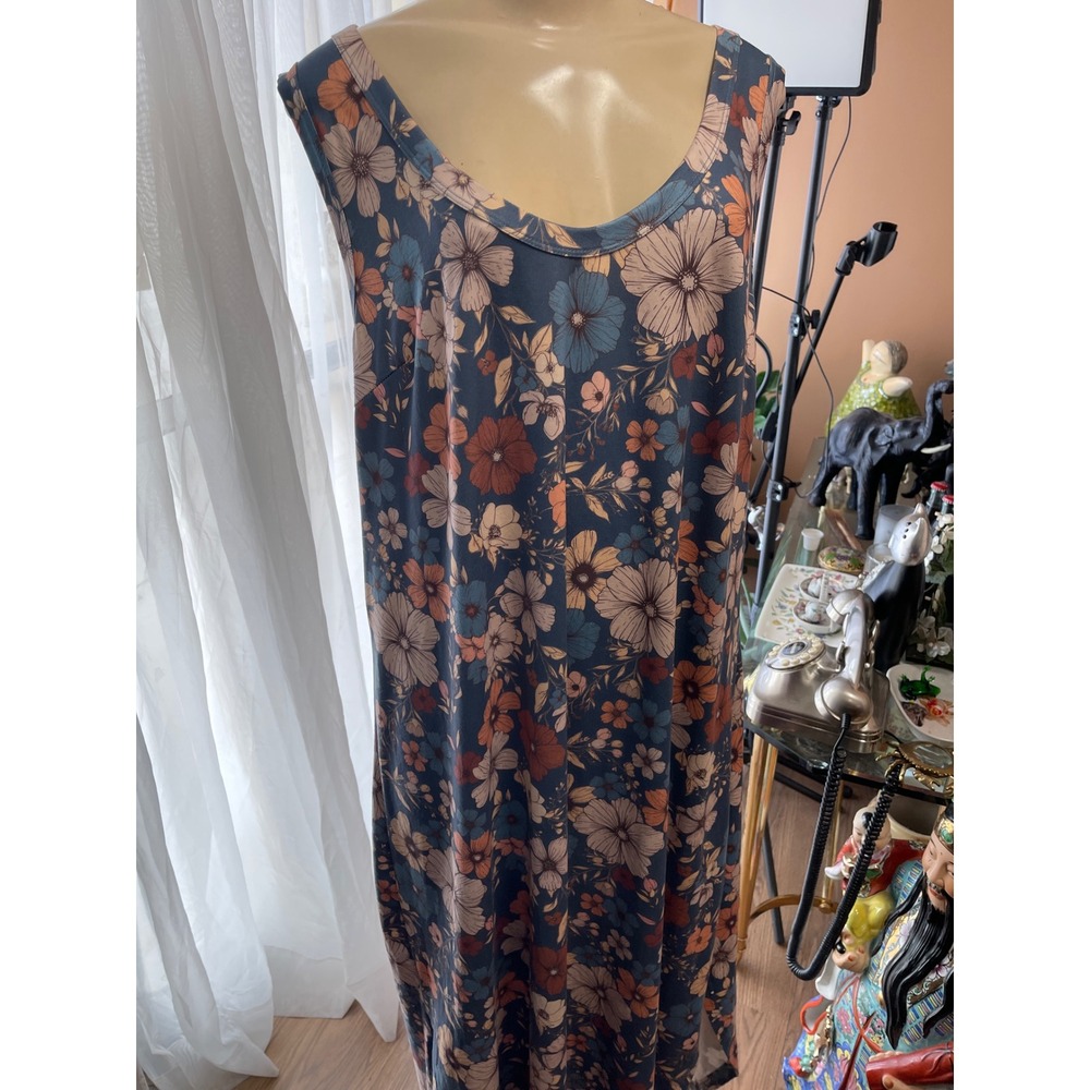 Floral Sleeveless Maxi Dress Teal Rust Cream Boho Scoop Neck Casual L/XL